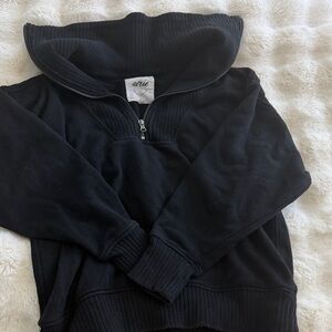 aerie Black Ribbed Funnel-Neck Half-Zip Pullover